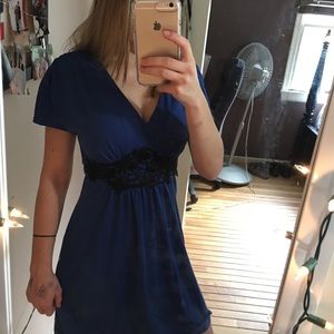 blue dress with black flower design